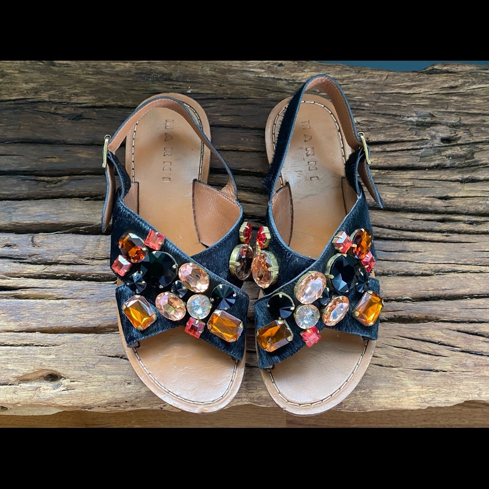 Marni Fussbett Black Calf hair Crystal Slide Sandals 39 8.5